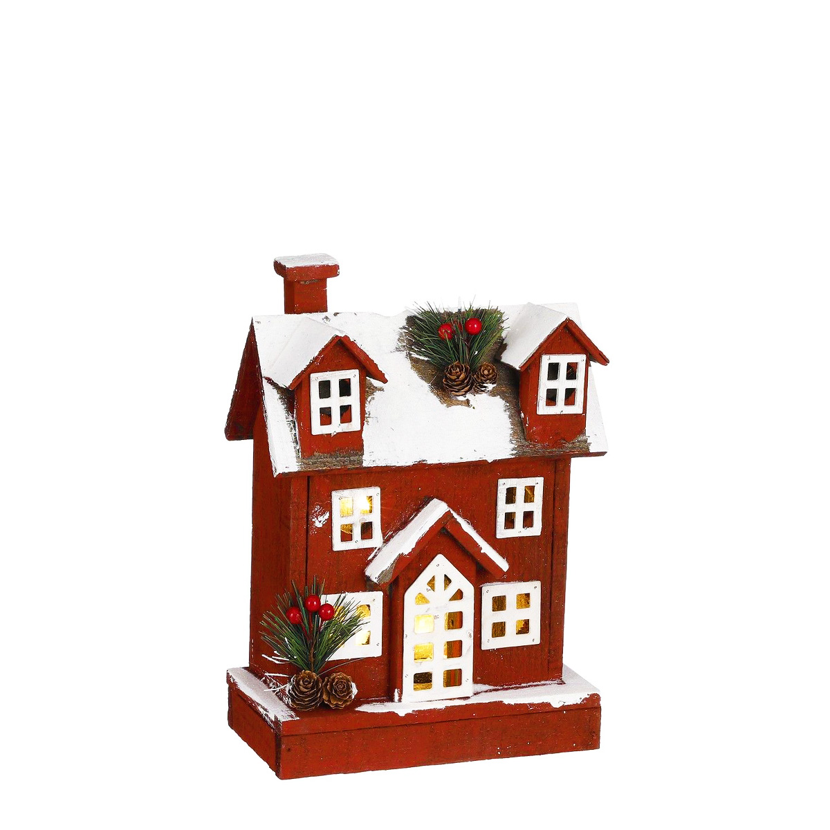 Deko LED Holzhaus beschneit, rot, 21x32cm, battriebetrieben, House of Seasons