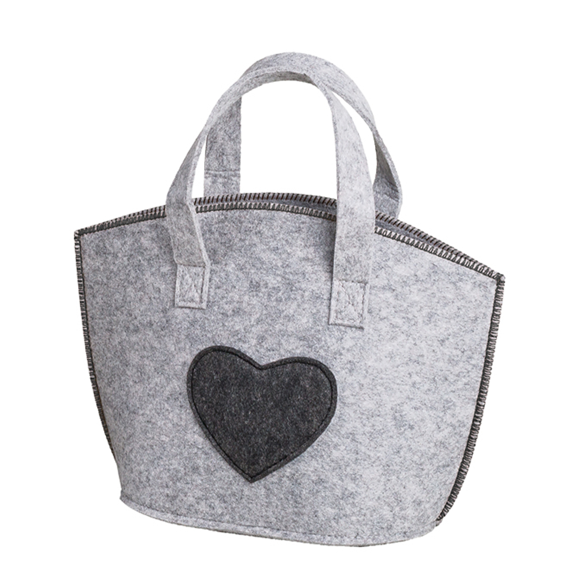 Filz Tasche hellgrau, mit dunkelgrauem Herz, Ziernähte, 33cm