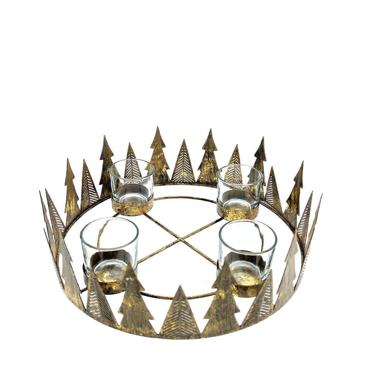 Deko Kerzenhalter, Kranz mit Bäume und Teelichtgläser, antik gold, Ø26cm, Metall