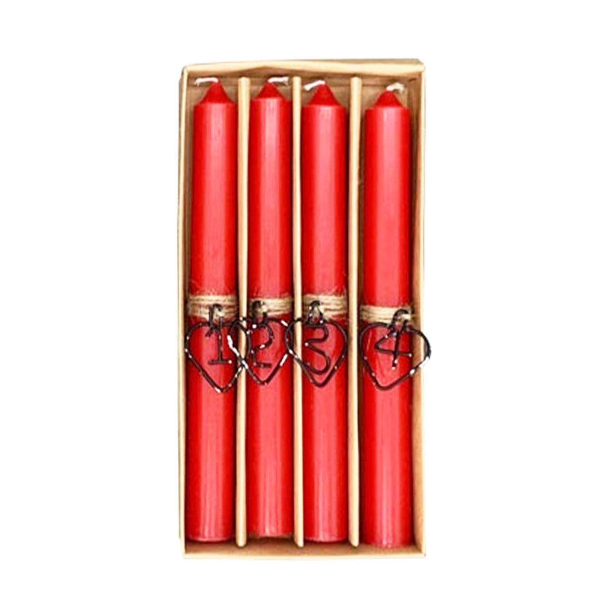 Stabkerzen rot, Weihnachtskerzen mit Herz und Zahlen 1-4, 4St/Box