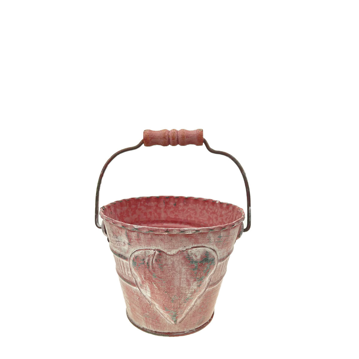 Übertopf Eimer mit Herz und Henkel rosa Ø13cm Zink