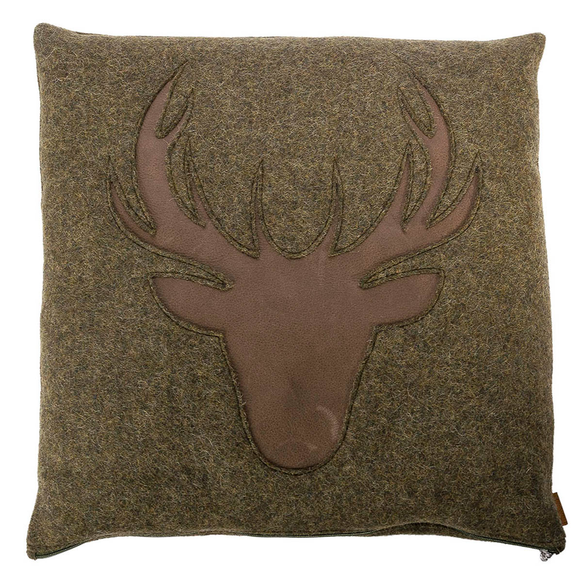 Loden Kissen mit Hirschapplikation aus Leder moosgrün 52x52cm