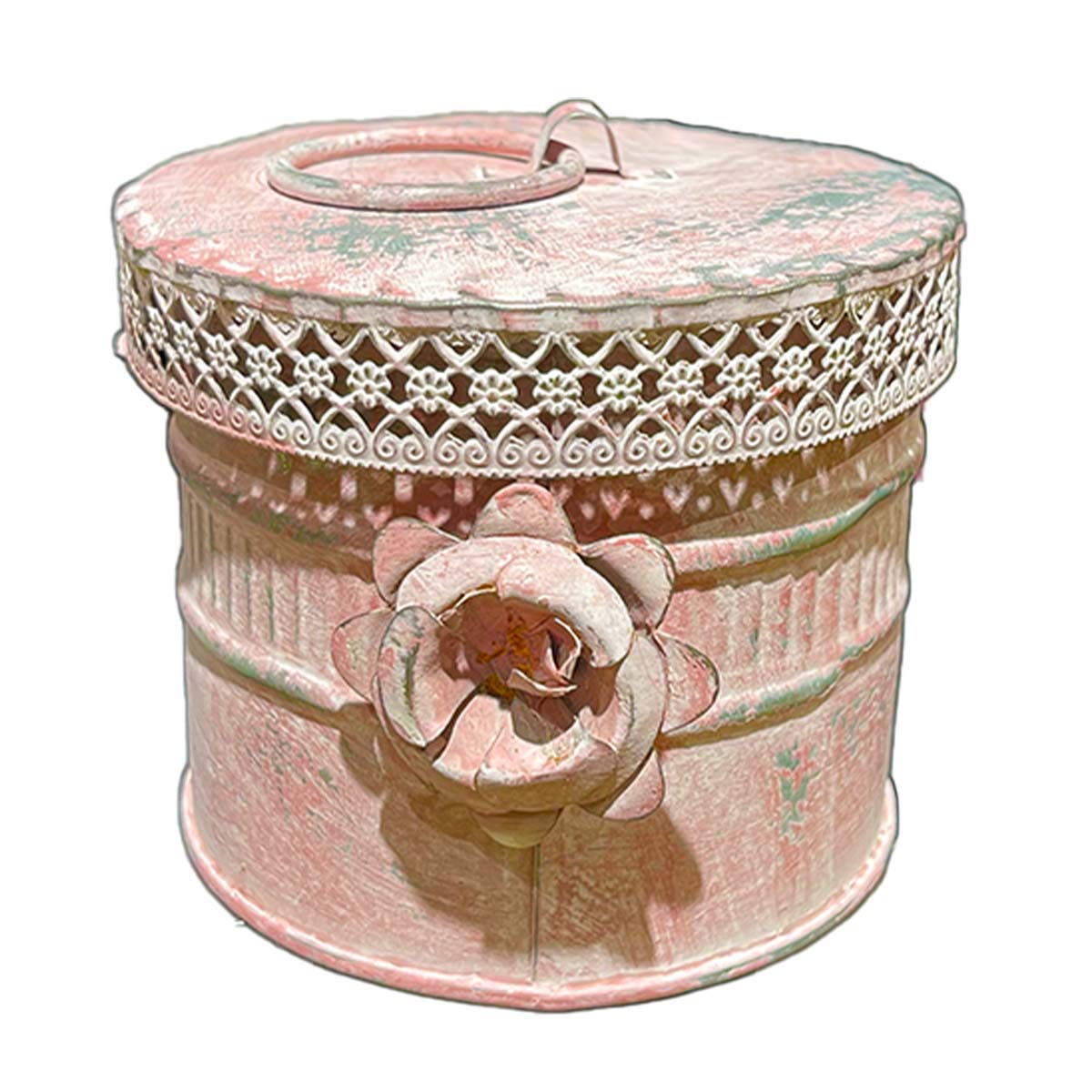 Deko Dose mit Rose, rosa used look,16x12cm, Metall