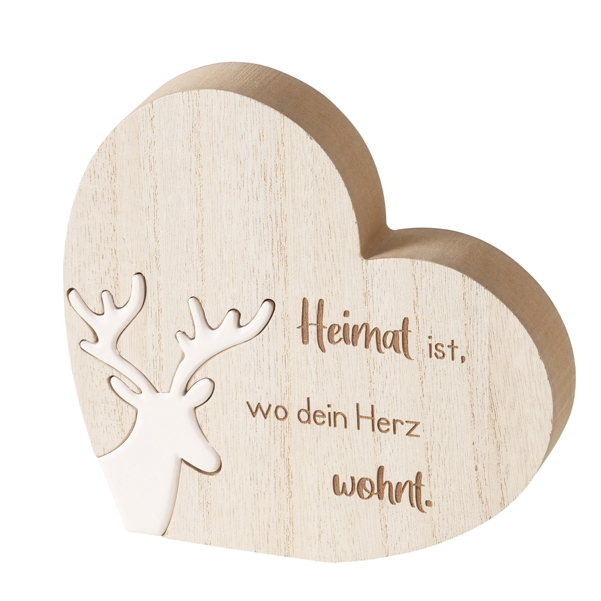 Deko Herz Hirsch, Holzherz mit Hirsch und Spruch: Heimat ist da..., 16x15cm, Boltze Home Collections