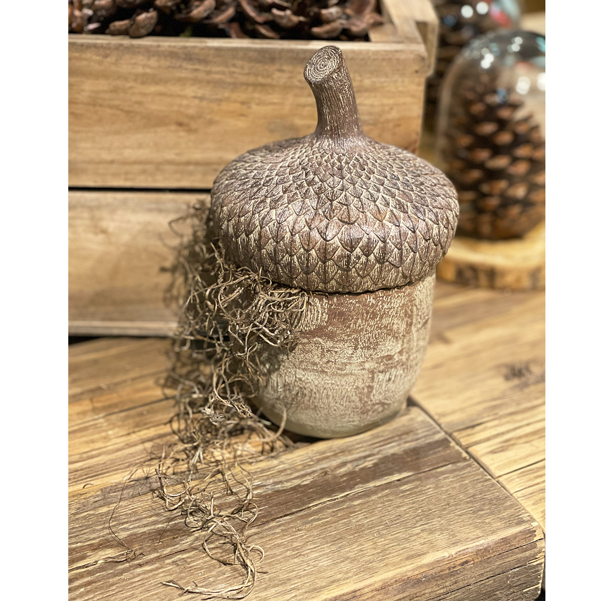 Deko Eichel in Holzoptik, Eichelgefäß mit abnehmbaren Deckel, braun-grau, 22cm, Resin