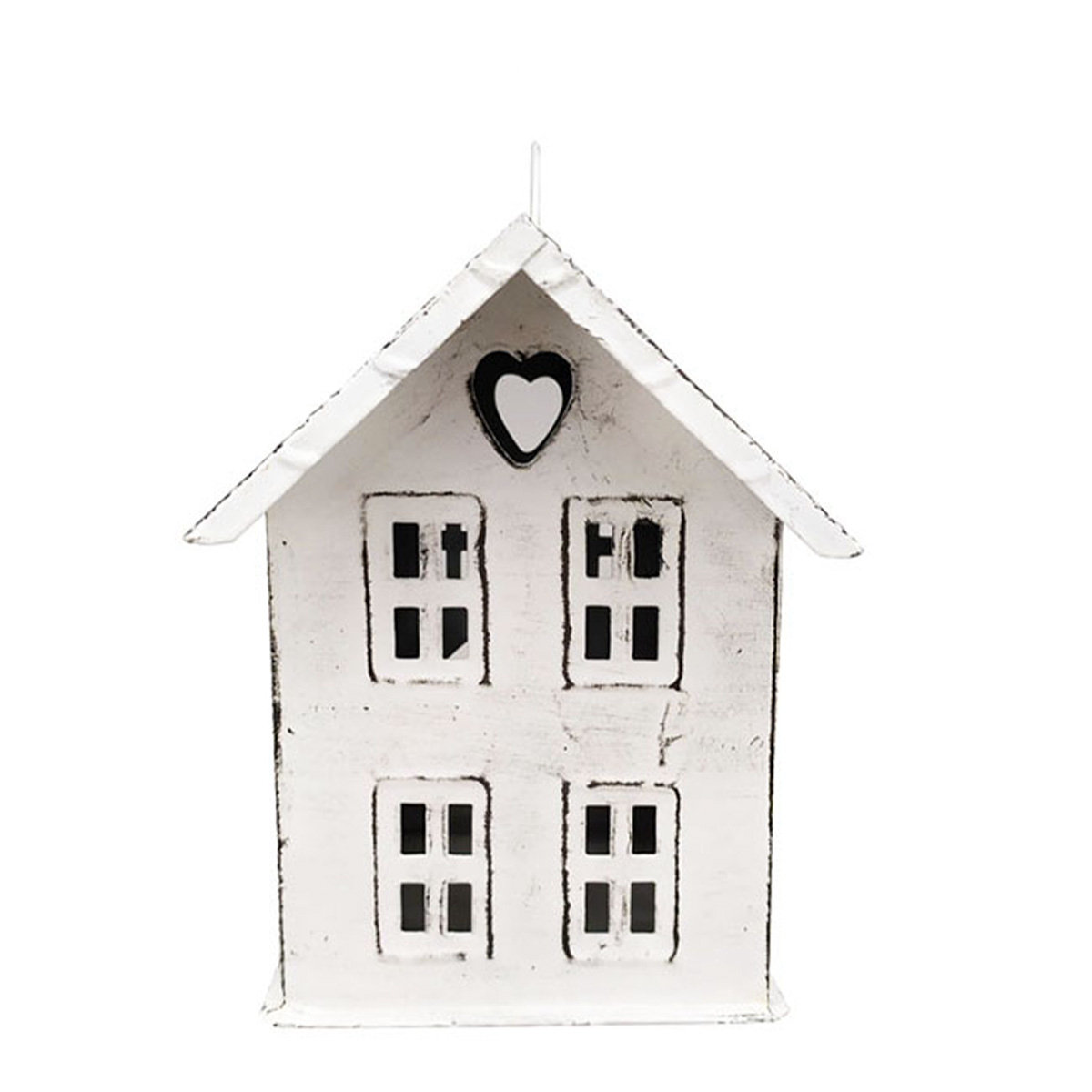 Deko Windlicht, Haus mit Herz, antikweiß, used look, 14x14cm, Metall