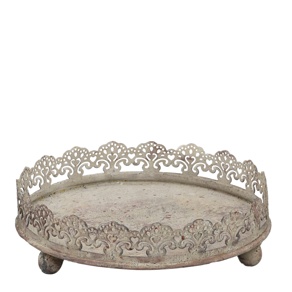 Deko Tablett Shabby Chic, Metallschale Ornament, rund mit Rand auf Kugelfüße, grau, Ø16cm, Metall