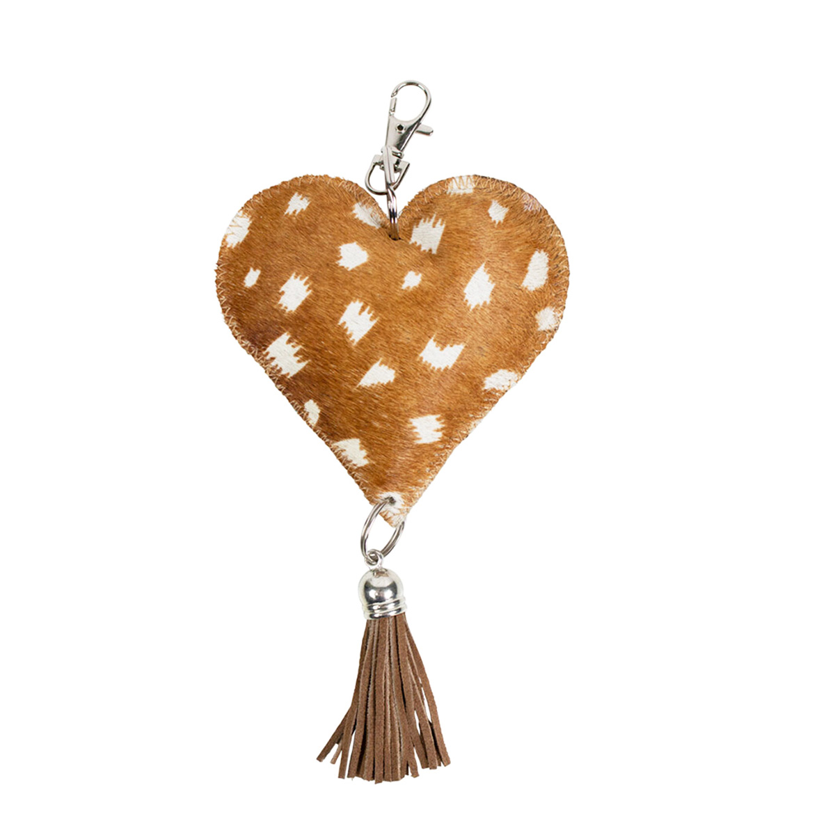 Fell Schlüsselanhänger, Herz mit Quaste, braun-weiß gepunktet, 19cm, Mars & More