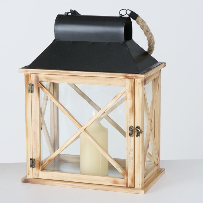 Laterne Moritz mit Metalldach und Juteseil 41x19cm Holz, Boltze