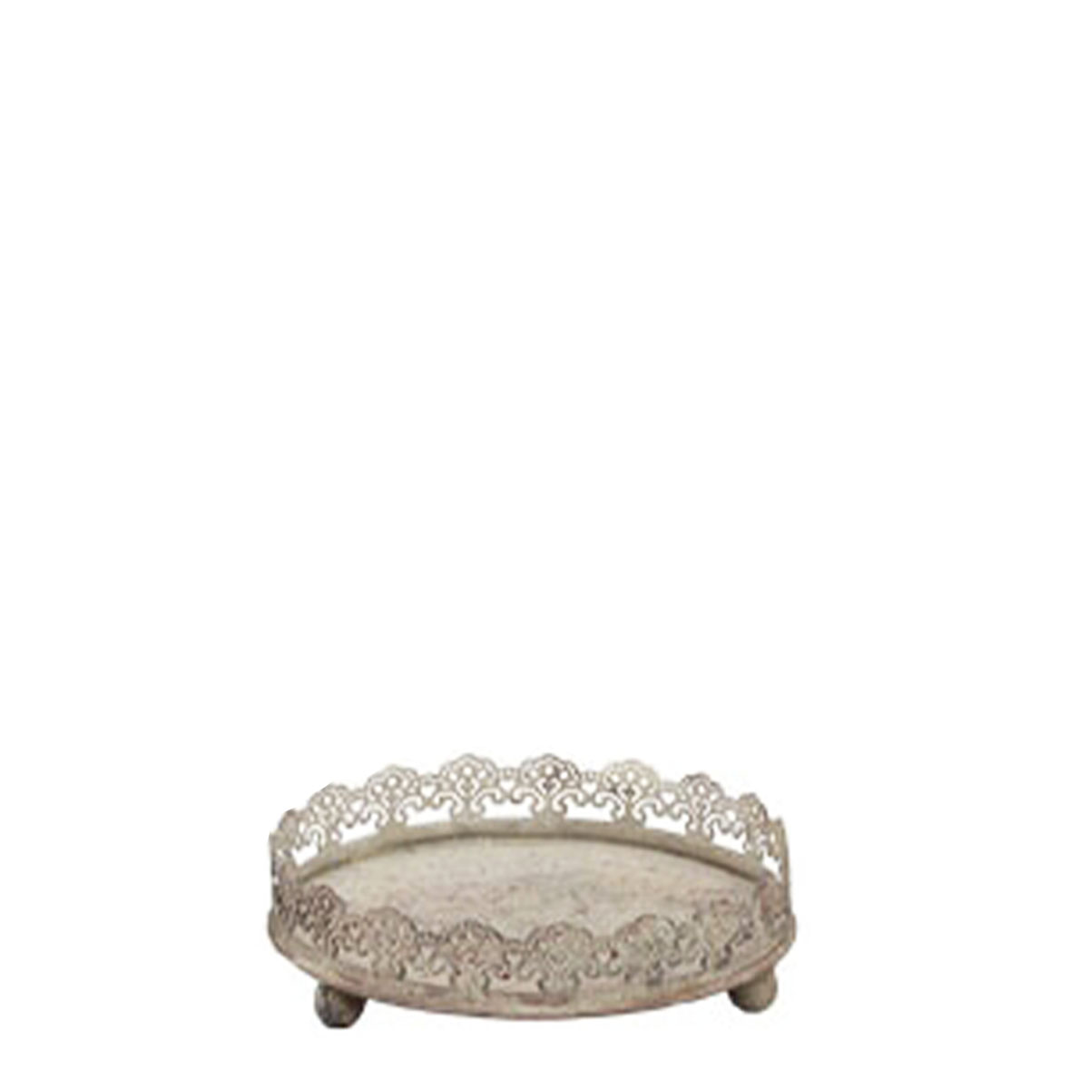 Deko Tablett Shabby Chic, Metallschale Ornament, rund mit Rand auf Kugelfüße, grau, Ø12cm, Metall