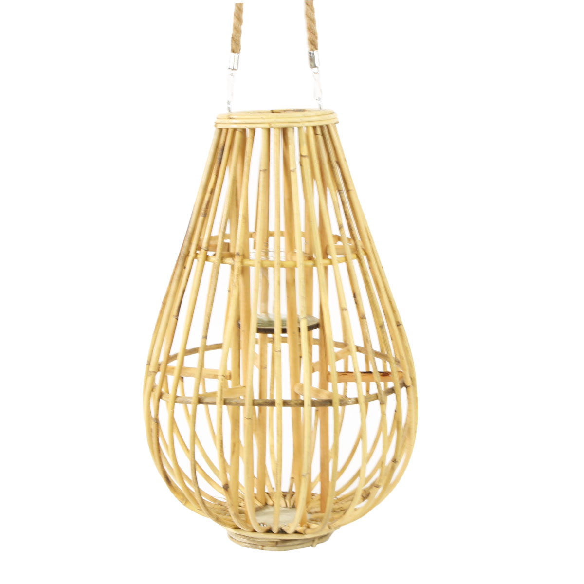 Deko Windlicht Rattan natur, Korbwindlicht Boho mit Henkel, 50cm