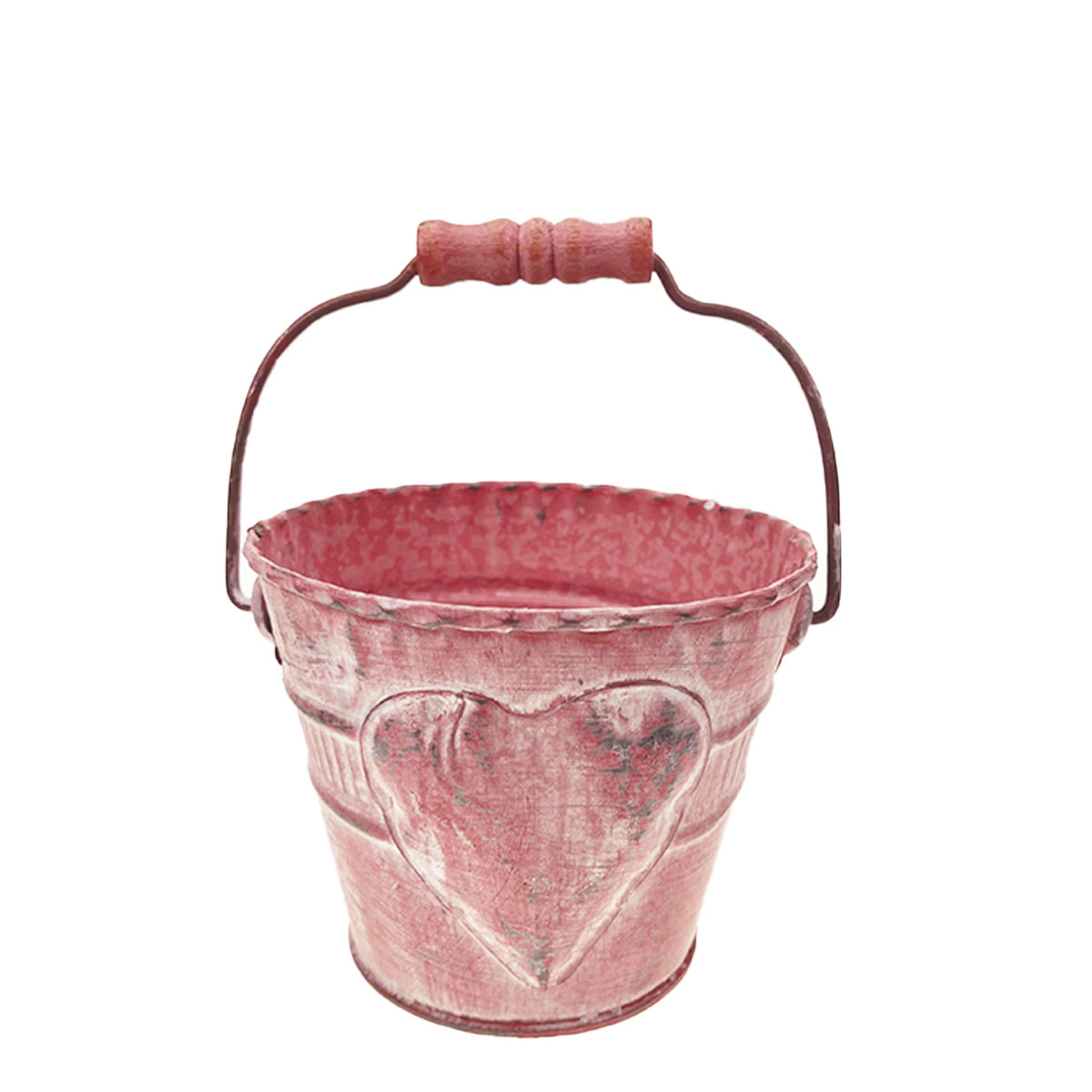 Übertopf Eimer mit Herz und Henkel, rosa used look, 15x12cm, Metall