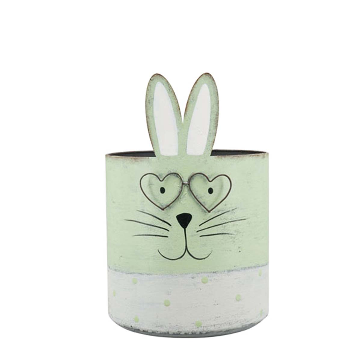 Deko Pflanztopf Hase, Osterhase mit Brille, hellgrün used look, 13x8cm, Metall