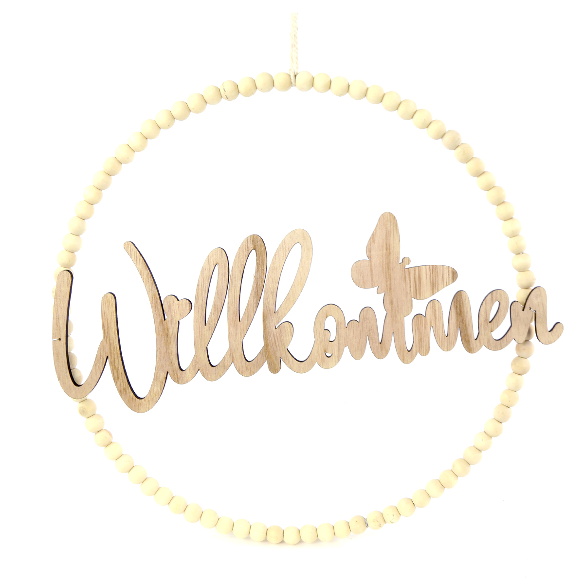 Deko Perlenring Willkommen, Ring aus Holzperlen mit Schriftzug Willkommen, Ø30cm, Holz