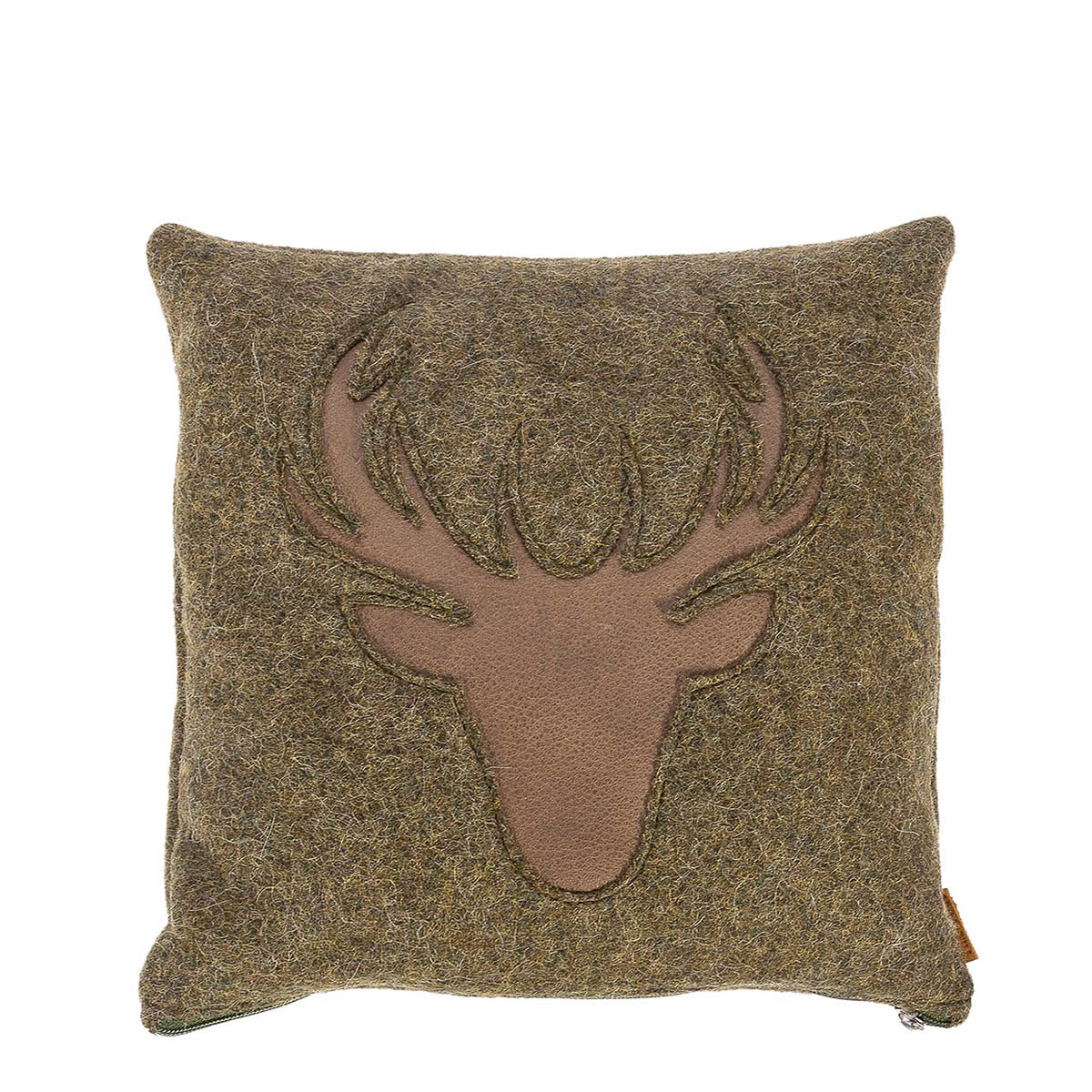 Loden Kissen mit Hirschapplikation aus Leder moosgrün 35x35cm