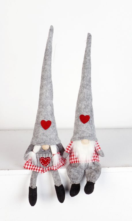 Wichtel "Felix und Anna", 37cm, sitzend, graue Filzmützen, Set/2