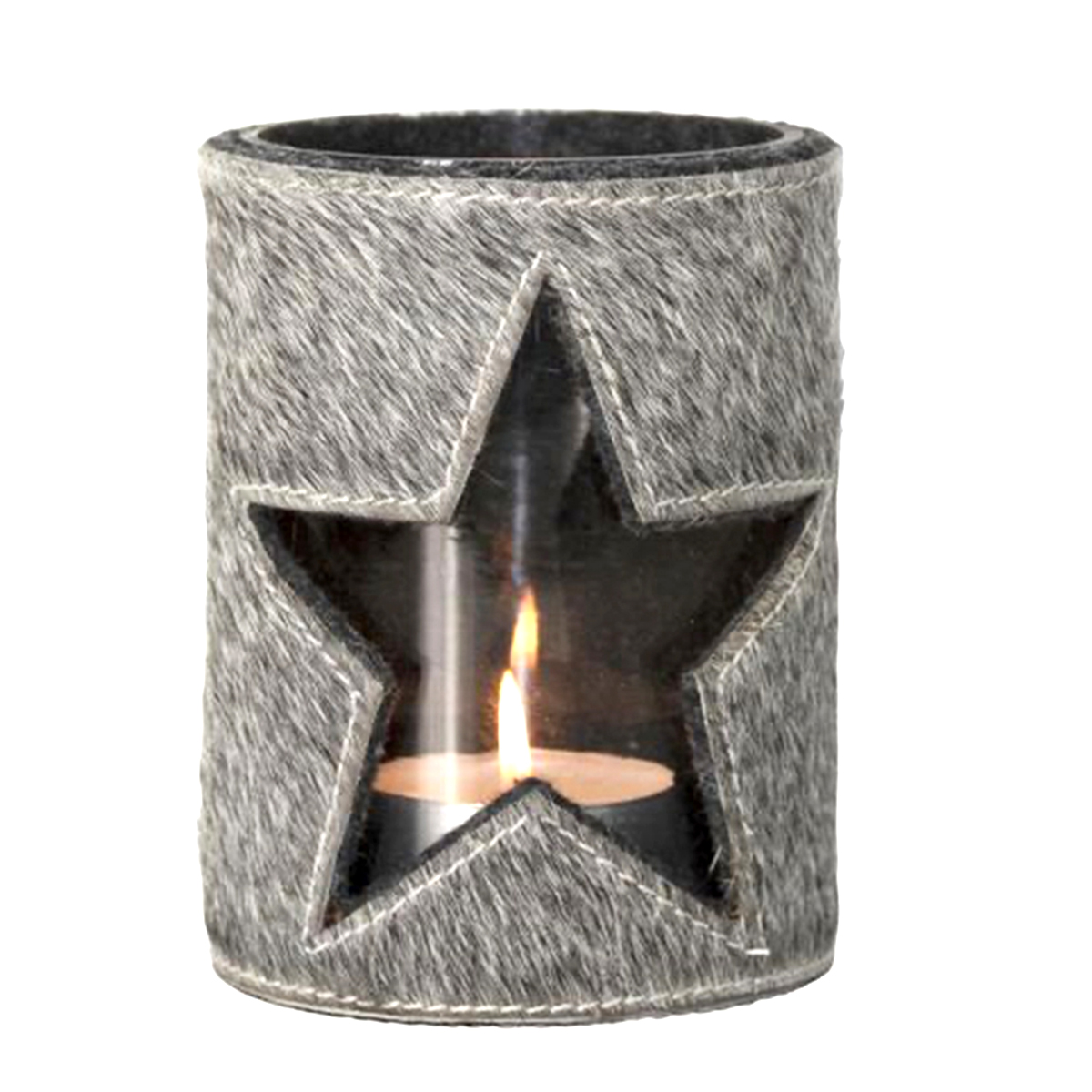 Deko Windlicht Stern, Kuhfell grau, 15x11cm, Mars & More