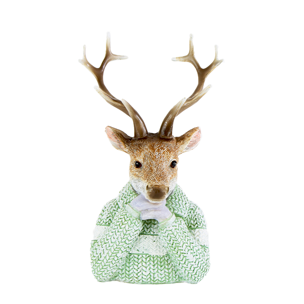 Deko Hirsch, Winterhirsch mit Pullover, Hirschbüste, mintgrün, 18cm, Polyresin