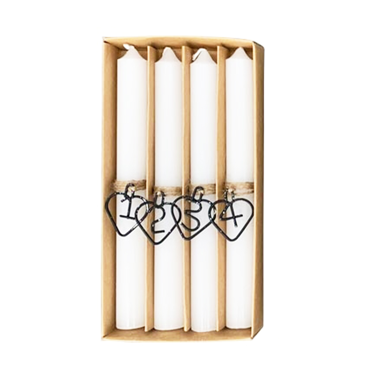 Stabkerzen weiß, Weihnachtskerzen mit Herz und Zahlen 1-4, 4St/Box