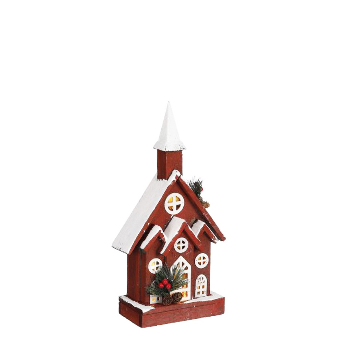 Deko LED Holzkirche beschneit, rot, 18x41cm, battriebetrieben, House of Seasons