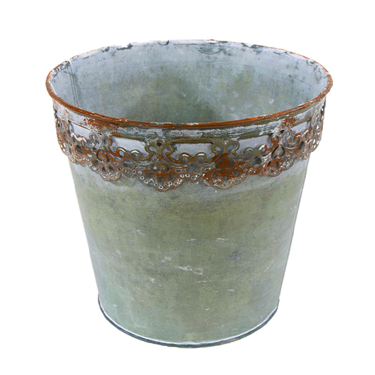 Pflanztopf mit Spitzenrand, Zinktopf grau used look, 16x14cm