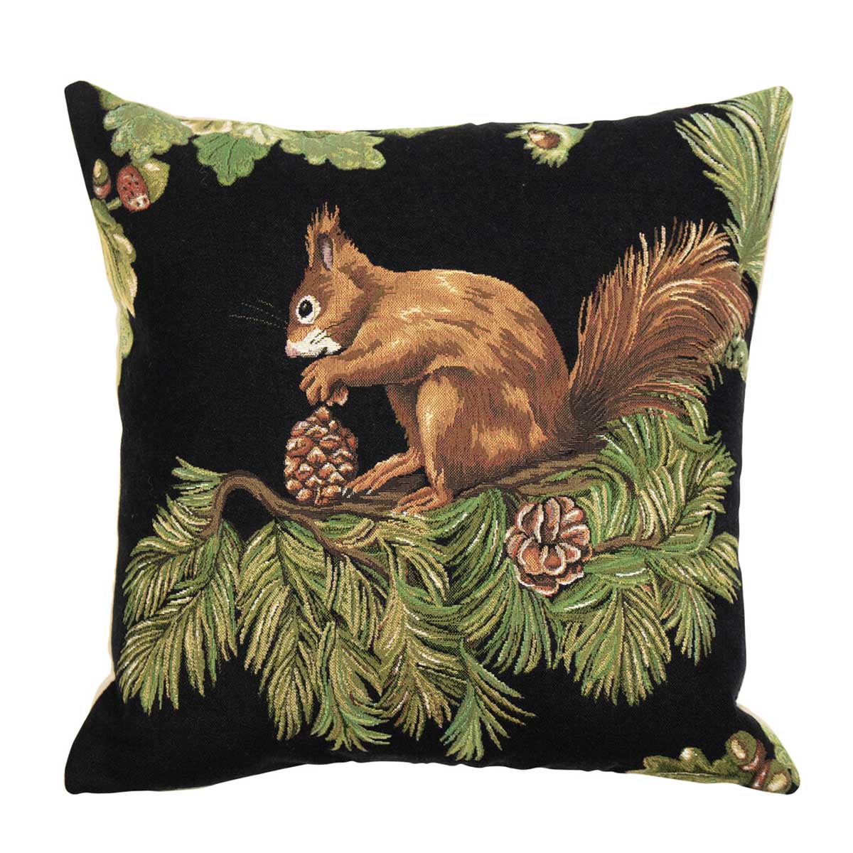Gobelin Kissen, Eichhörchen mit Tannenzapfen, braun/grün/schwarz, 45x45cm, Mars & More