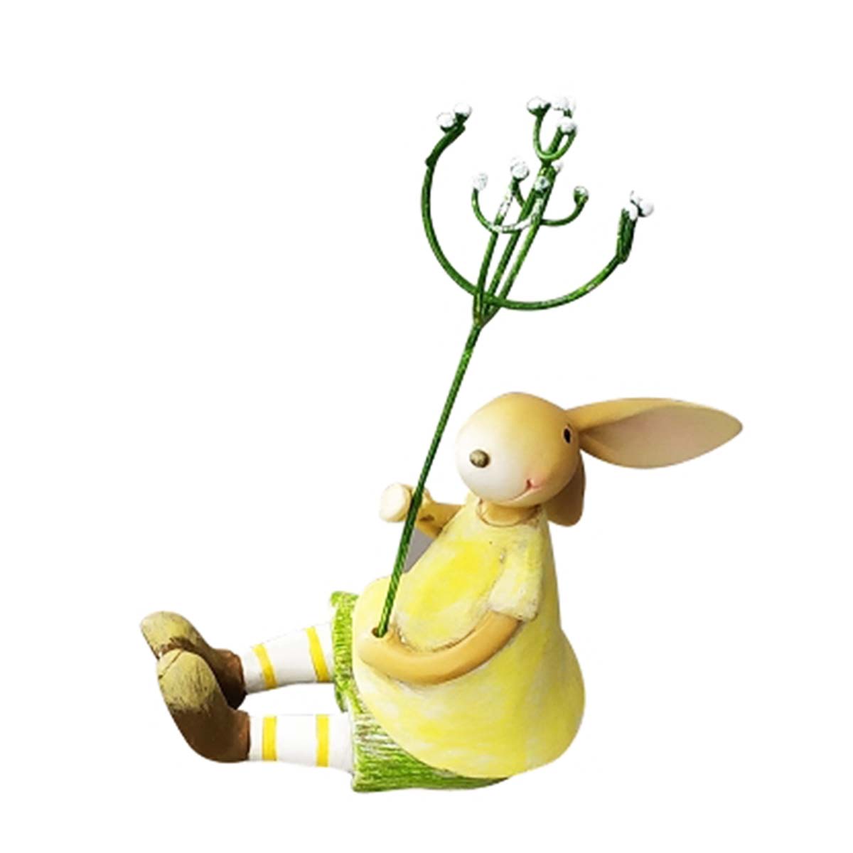 Deko Hase, Hase Sannie sitzend, Osterhase mit Hose und Blumenstengel, 13cm, Polyresin