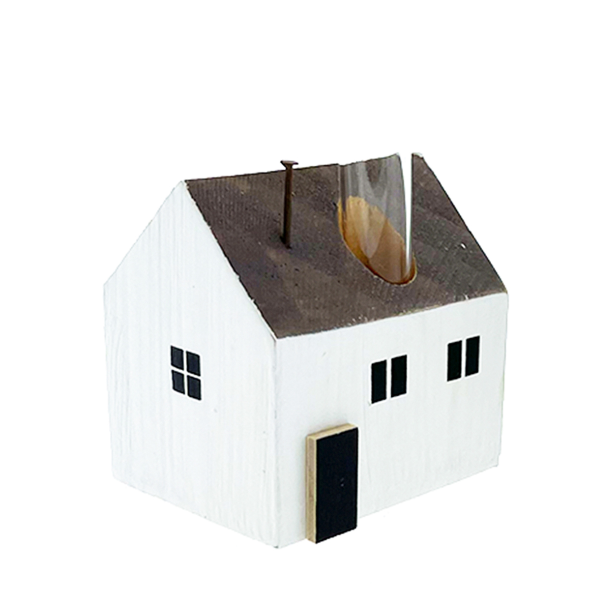 Deko Haus Blumenvase, Holzhaus mit Blumenvase aus Reagenzglas, 5x7cm