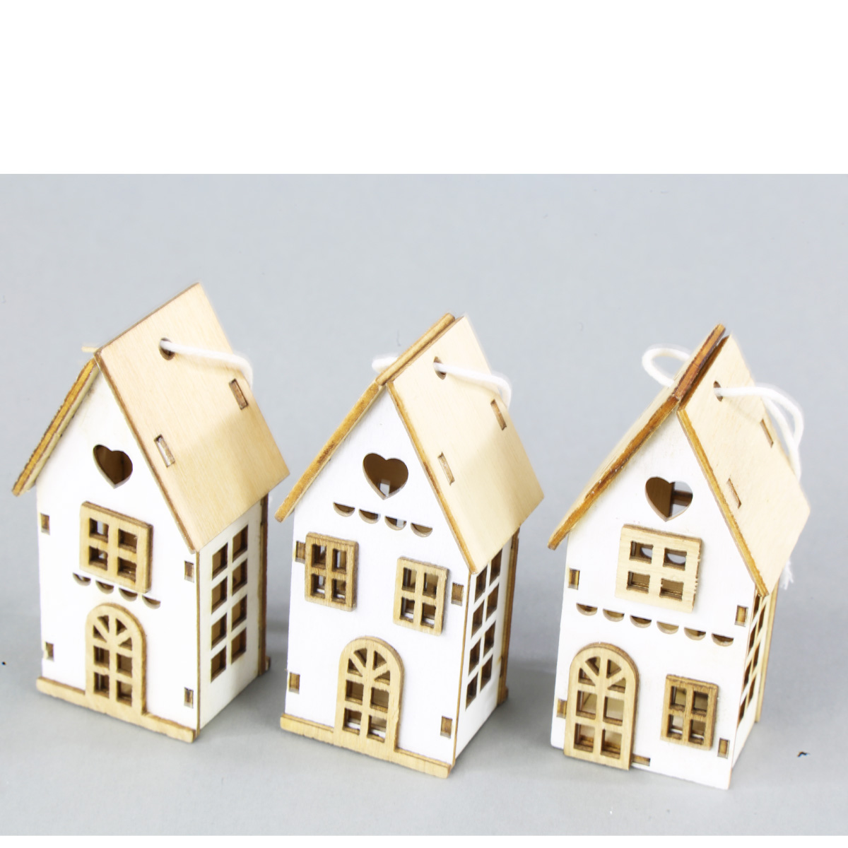 Deko Häuschen, 3 Holzhäuser, weiß-natur, 12x8cm, 3 St/Box, Hänger