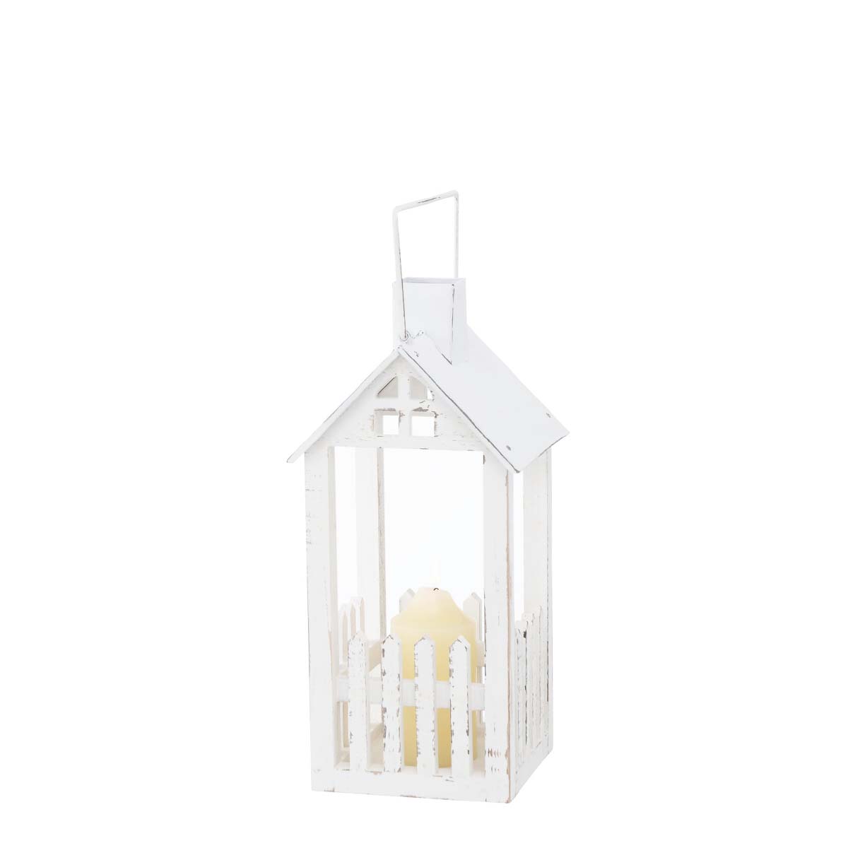 Windlicht Haus Hortus, Laterne mit Gartenzaun im Landhauslook, 42cm, weiß used look, Boltze Home Col