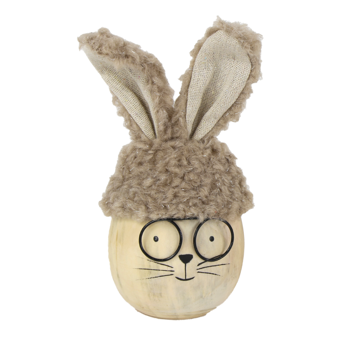 Deko Ei Hase, Holzei Hase mit Brille und Plüschmütze, hellbraun, 17cm