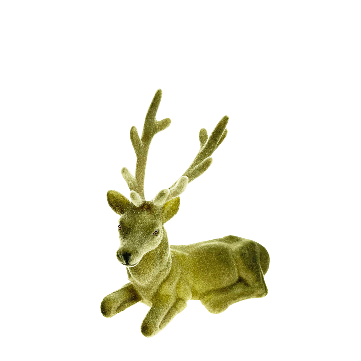 Deko Hirsch, Hirsch samtlook, grün beflockt, liegend, 14cm