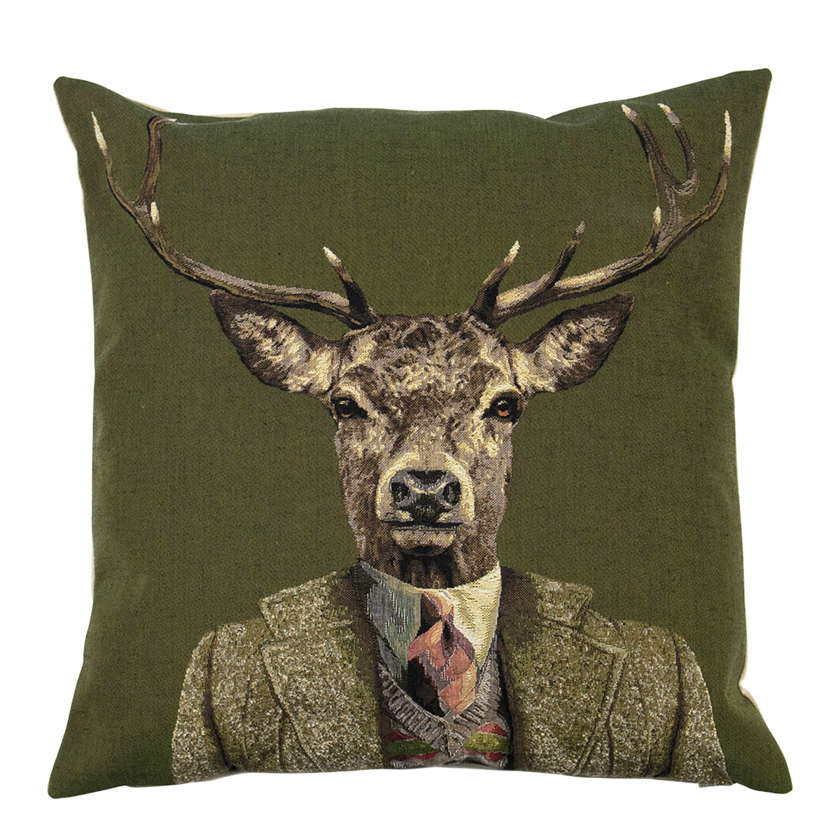 Gobelin Kissen Hirsch, Hirsch mit Jacke und Krawatte, grün , 45x45cm, Mars & More