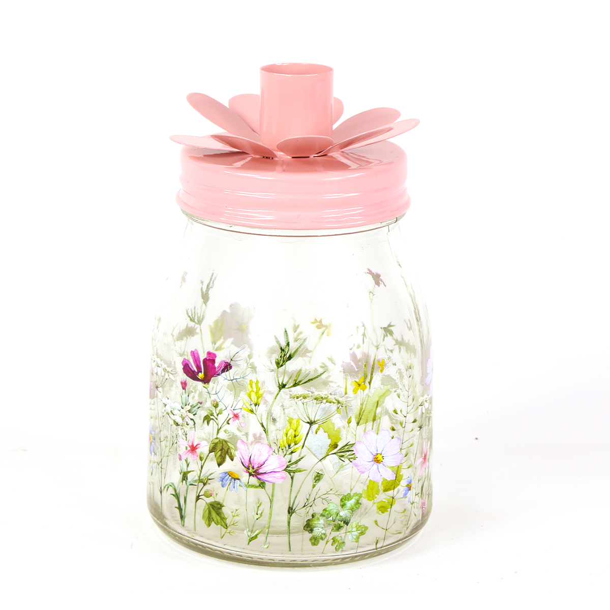 Deko Kerzenhalterglas Blumenwiese, Windlicht aus Glas mit Blumendesign und Kerzenhalter, 9x15cm