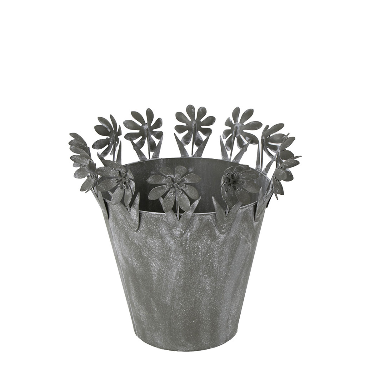 Übertopf mit Blumenrand, Zinktopf grau used look, 15x13cm, Metall