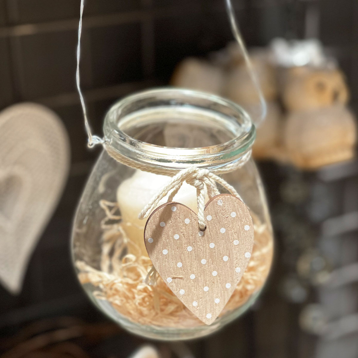 Deko Windlicht mit Herz und Henkel, Ø10cm, Glas