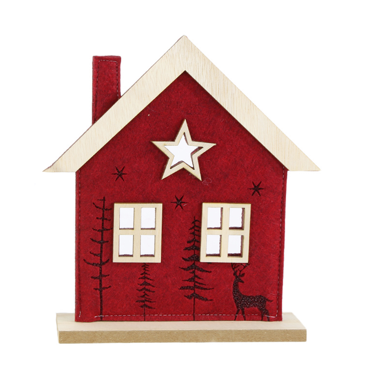 Deko Haus Hirsch, Filzhaus mit Bäume und Hirsch, dunkelrot, 18x21cm, Aufsteller