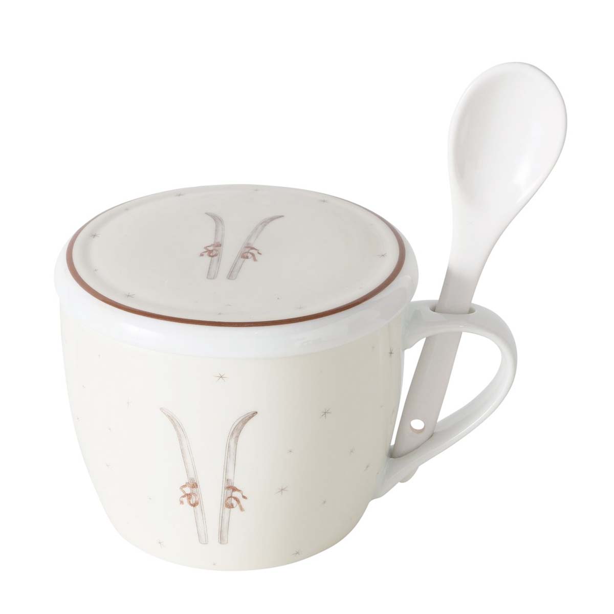 Jumbobecher Winter Ski, Henkelbecher mit Löffel und Deckel, 600ml, Boltze Home Collections