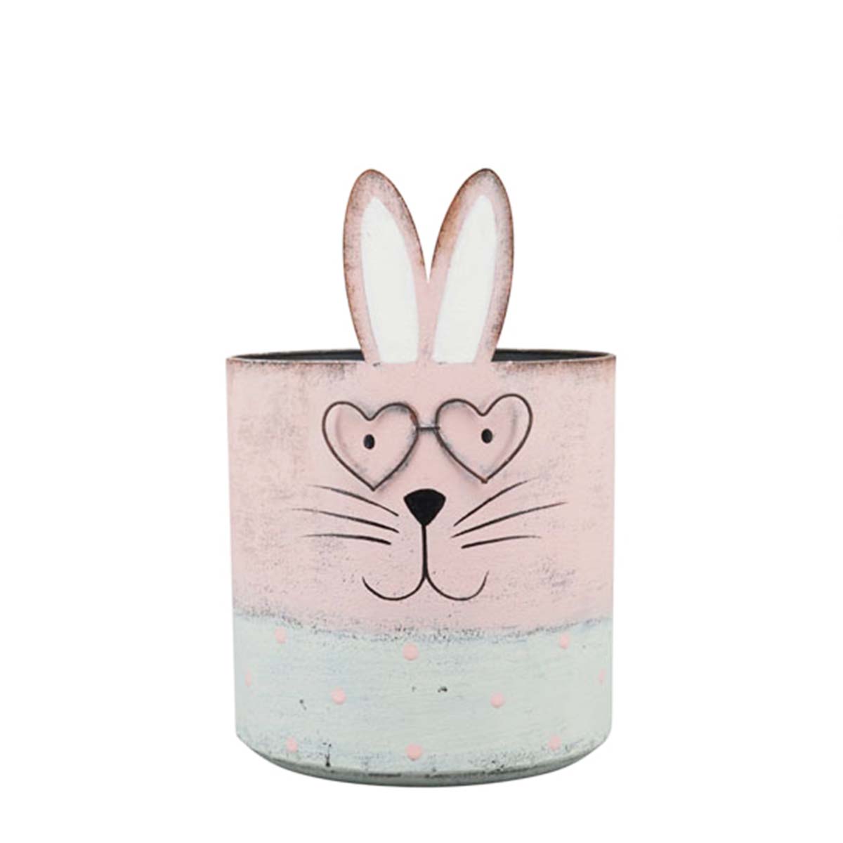 Deko Pflanztopf Hase, Osterhase mit Brille, rosa used look, 13x8cm, Metall