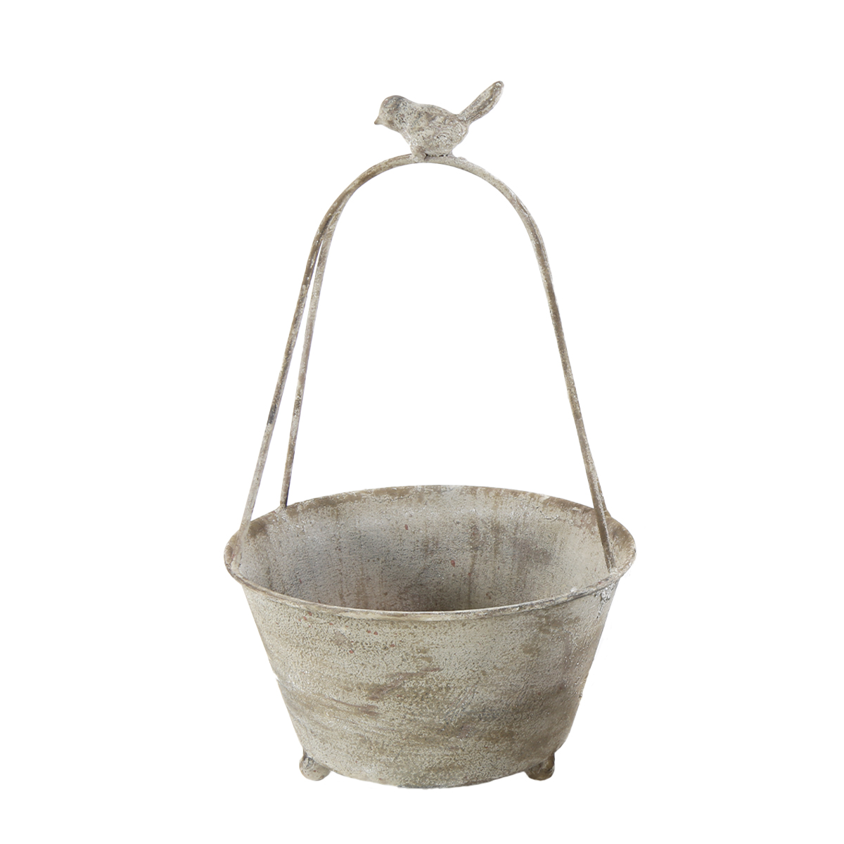 Deko Pflanztopf mit Bügel und Vogel, used look, antikgrau, 34cm, Metall 