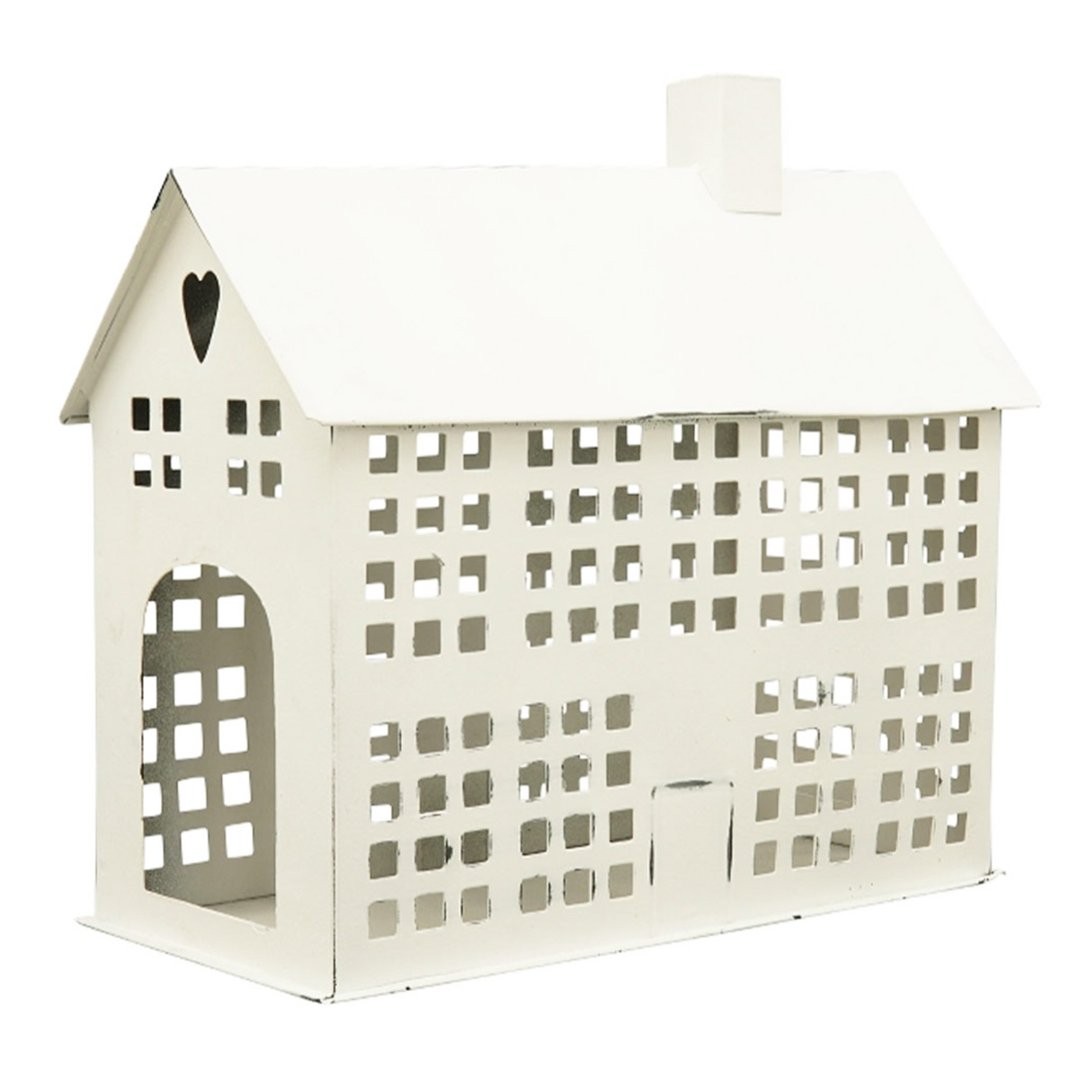 Deko Windlicht Haus weiß used look, Haus für Fensterbank länglich, unfinish, 28x23cm, Metall