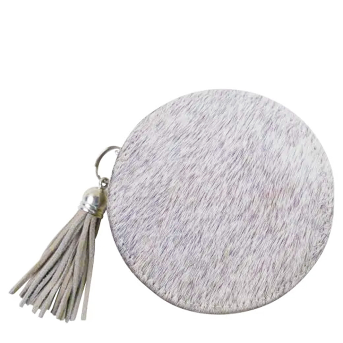 Kuhfell Geldbörse, Etui mit Quaste, rund, grau, Ø11cm, Mars & More