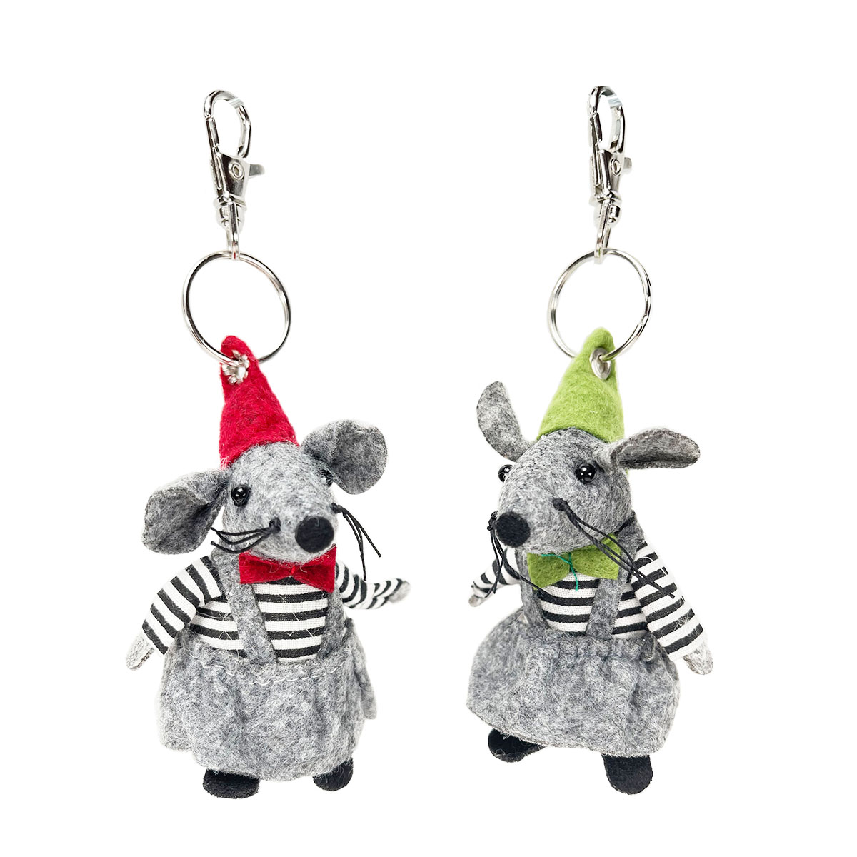 Schlüsselanhänger Filzmaus, Wichtel Mäuse Sofia + Giulia, rot+grün, 8cm, Set/2