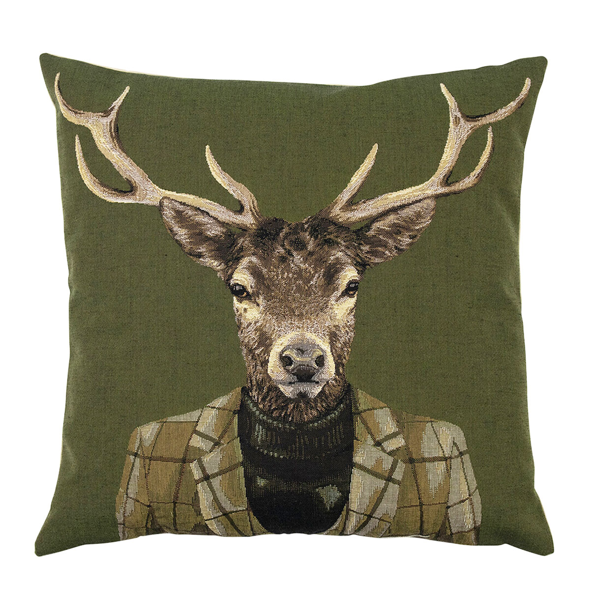 Gobelin Kissen Hirsch, Hirsch mit Rollkragen, grün, 45x45cm, Mars & More