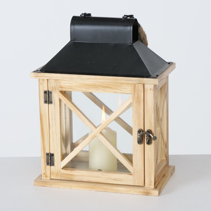 Laterne Moritz mit Metalldach und Juteseil 31x22cm Holz, Boltze